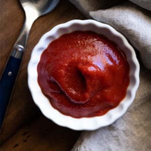 Keto ketchup on a white serving dish