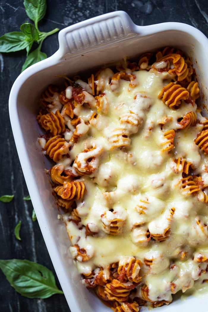 Overhead shot freshly baked keto pasta with melted cheese