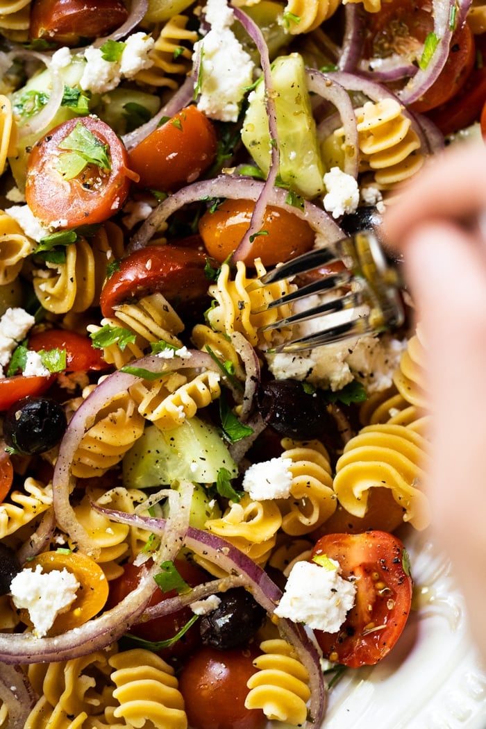 Closeup of taking a piece of keto pasta with a fork