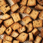 Freshly baked grain free & keto croutons on a baking tray
