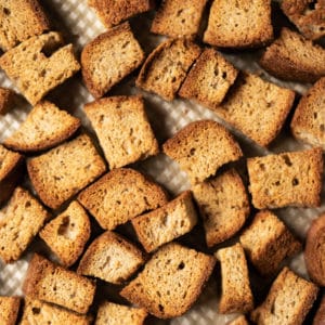 Freshly baked grain free & keto croutons on a baking tray