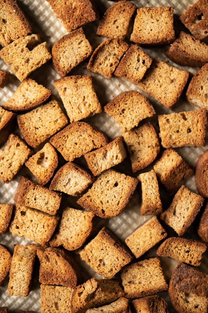 Freshly baked grain free & keto croutons on a baking tray