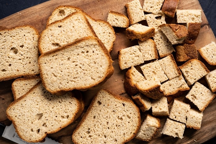 Overhead shot freshly diced keto yeast bread loaf