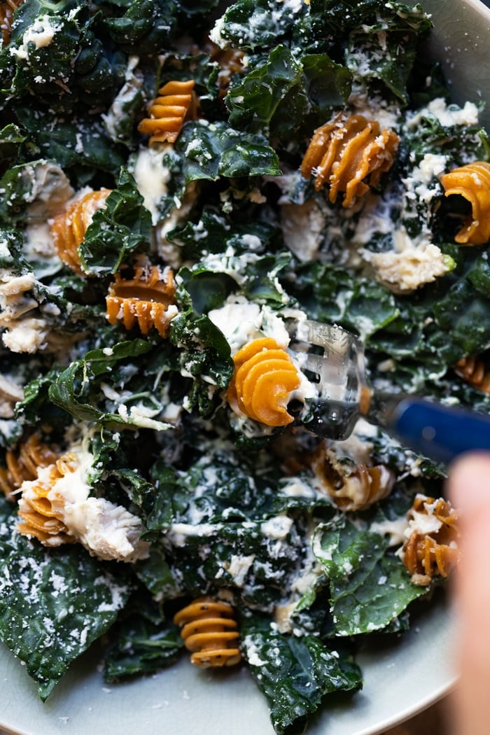 Bowl kale Caesar salad with keto croutons 