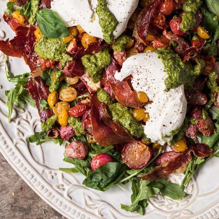 Mediterranean keto potato salad on a white serving platter