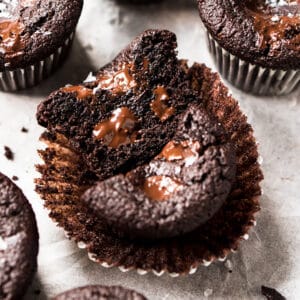 Keto chocolate muffins with chunks and flaky sea salt