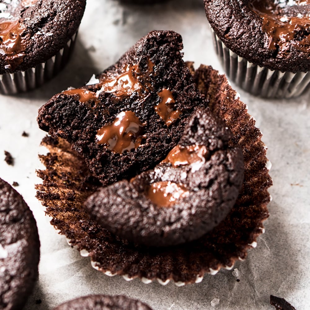 Keto chocolate muffins with chunks and flaky sea salt