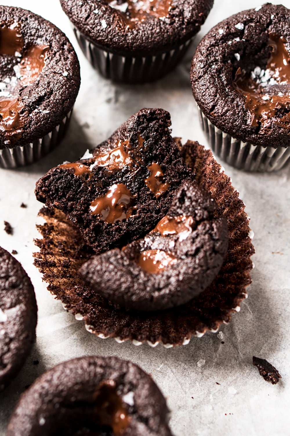 Keto chocolate muffins with chunks and flaky sea salt