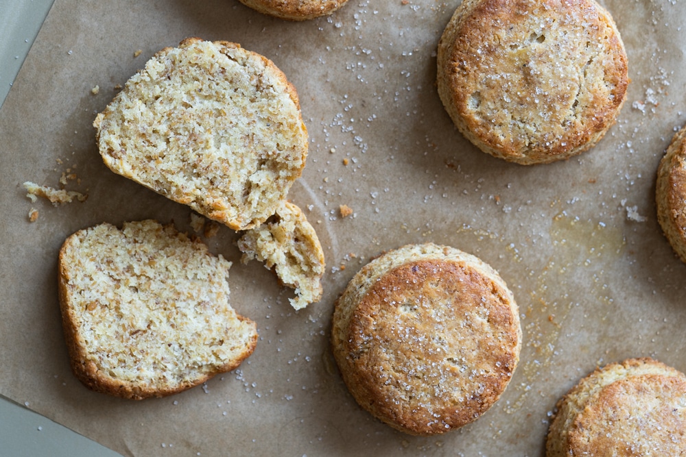 A freshly baked keto shortcake sliced in half 