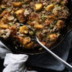 Keto cornbread stuffing in a black skillet