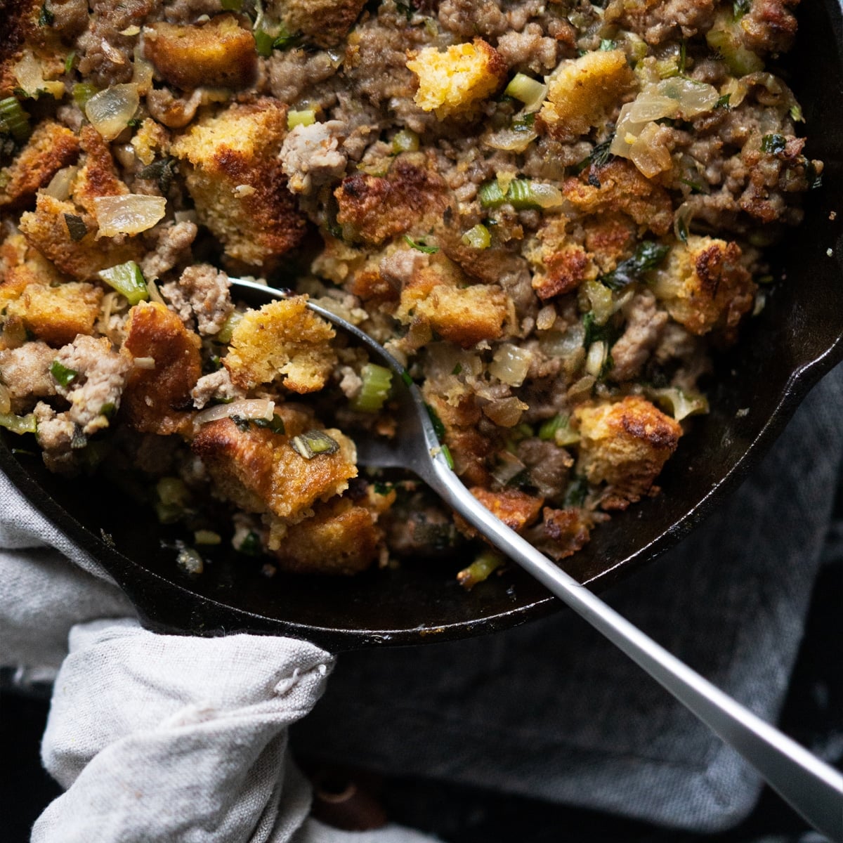Keto cornbread stuffing in a black skillet