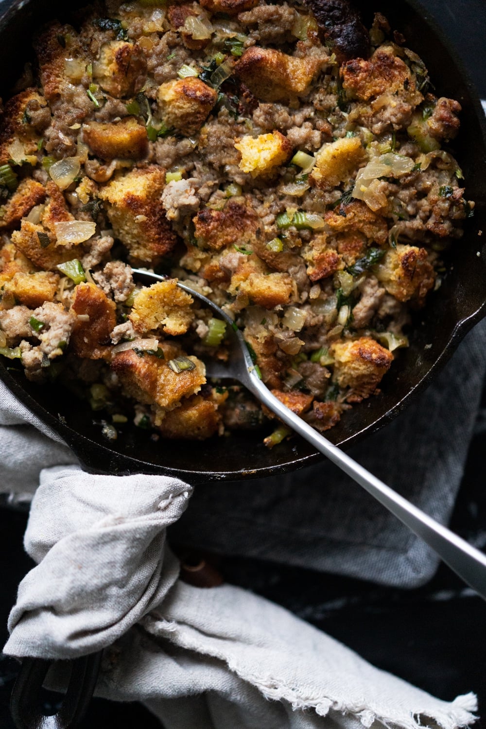 Keto cornbread stuffing in a black skillet