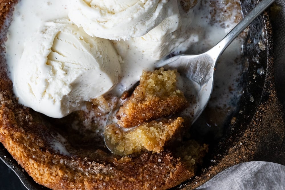 Closeup of the keto snickerdoodle skillet cookie showing the crumb-like texture