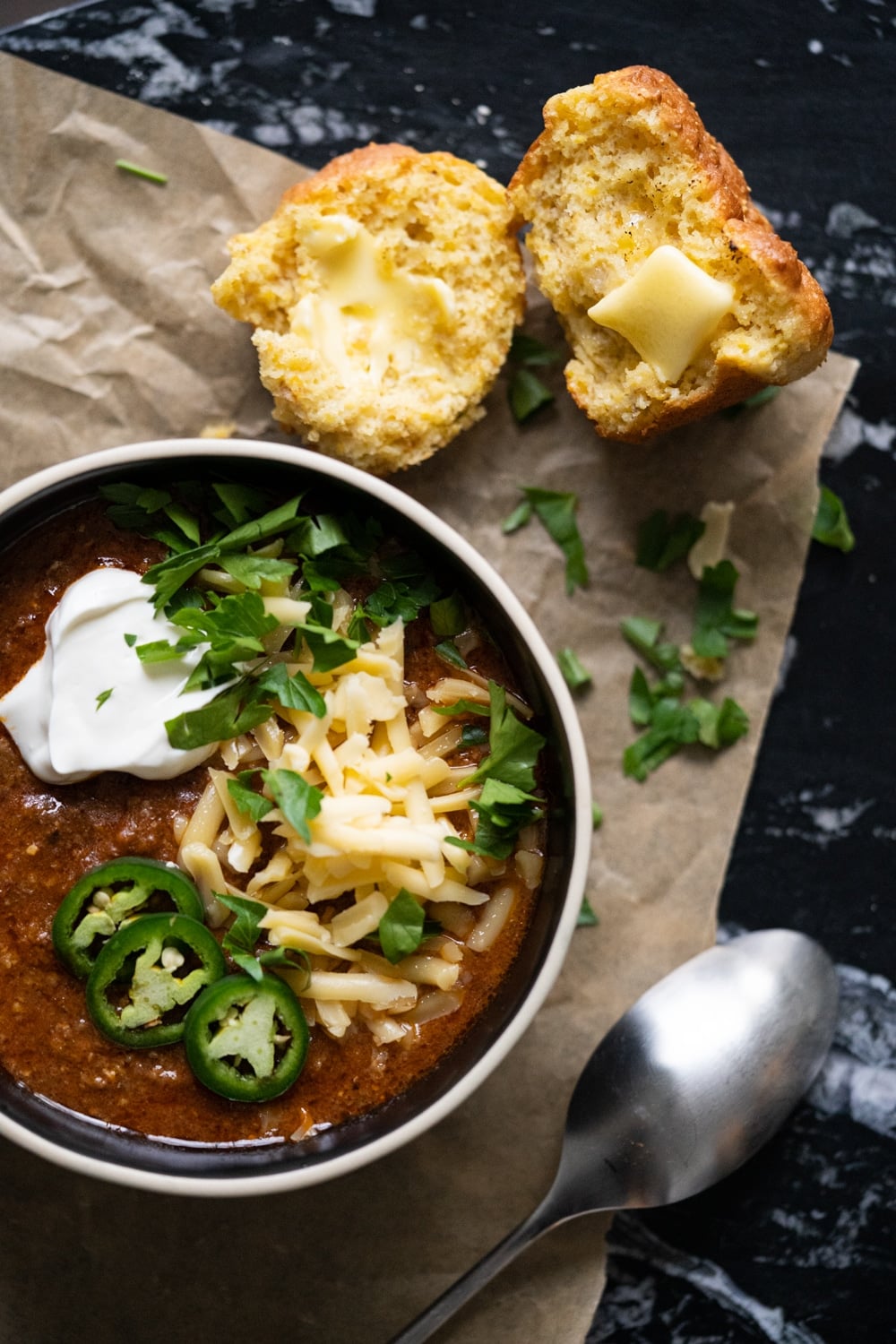 Low carb cornbread muffins with a bowl of Keto chili 