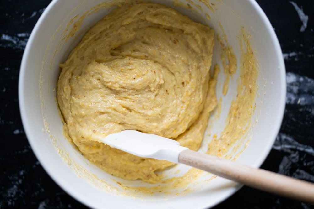 Low carb cornbread batter made with actual cornmeal in a bowl