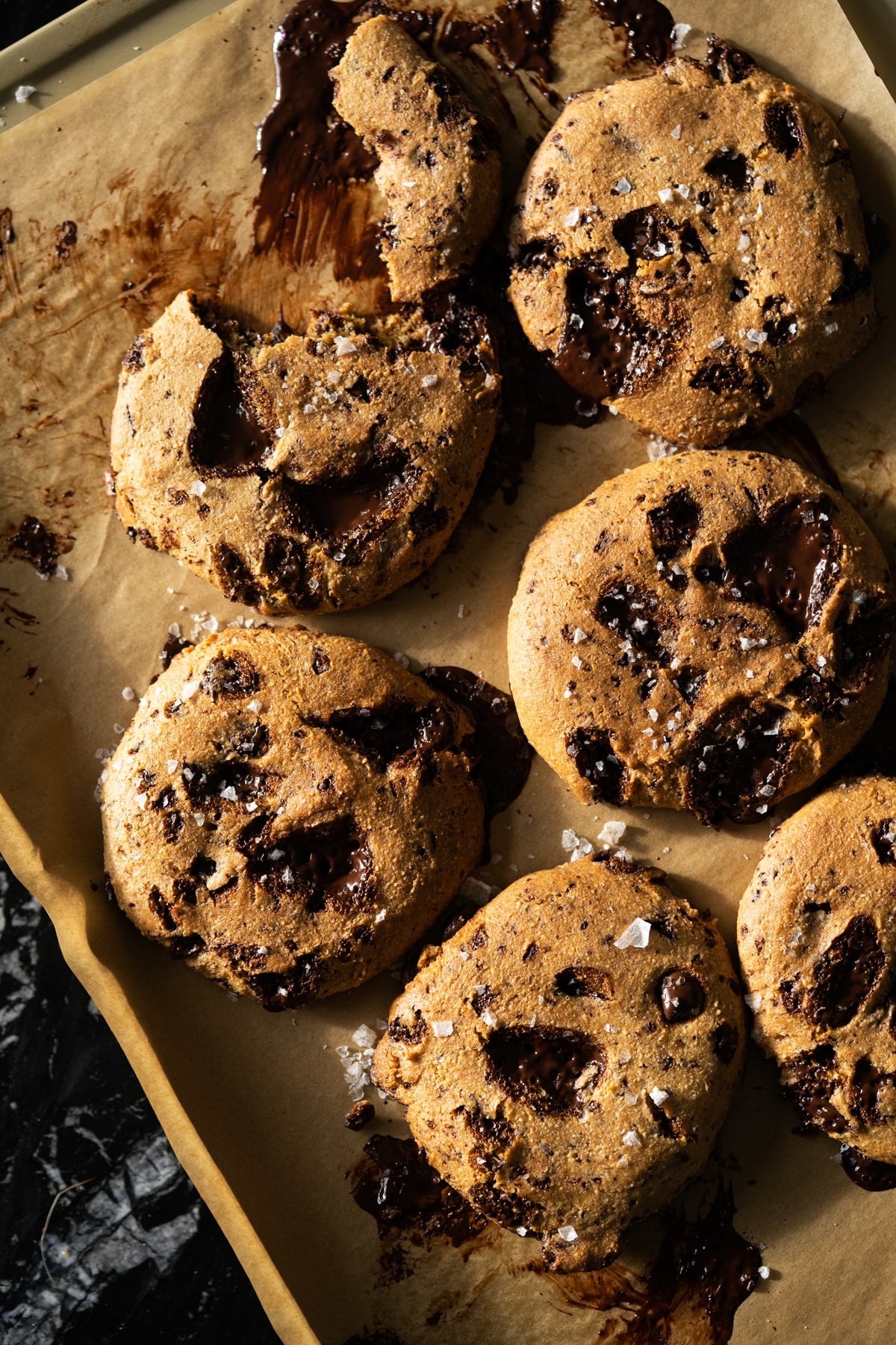 Keto brown butter chocolate chip cookies on a baking tray