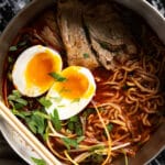 Paleo and keto ramen with shirataki noodles, beef and a soft boiled egg