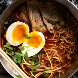 Paleo and keto ramen with shirataki noodles, beef and a soft boiled egg