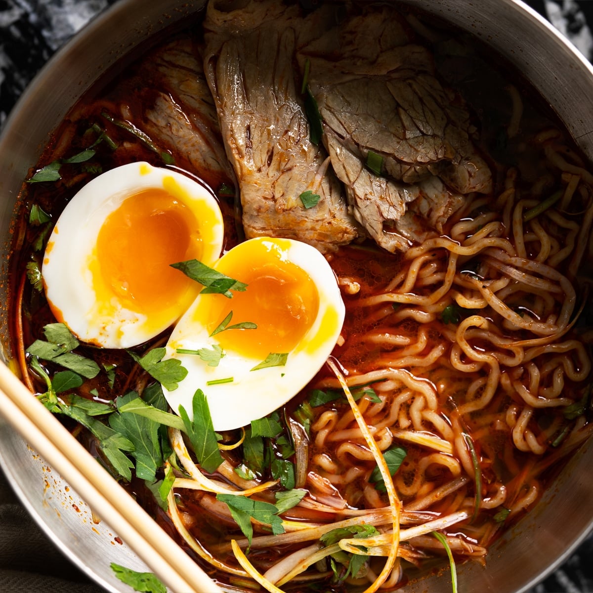 Paleo and keto ramen with shirataki noodles, beef and a soft boiled egg