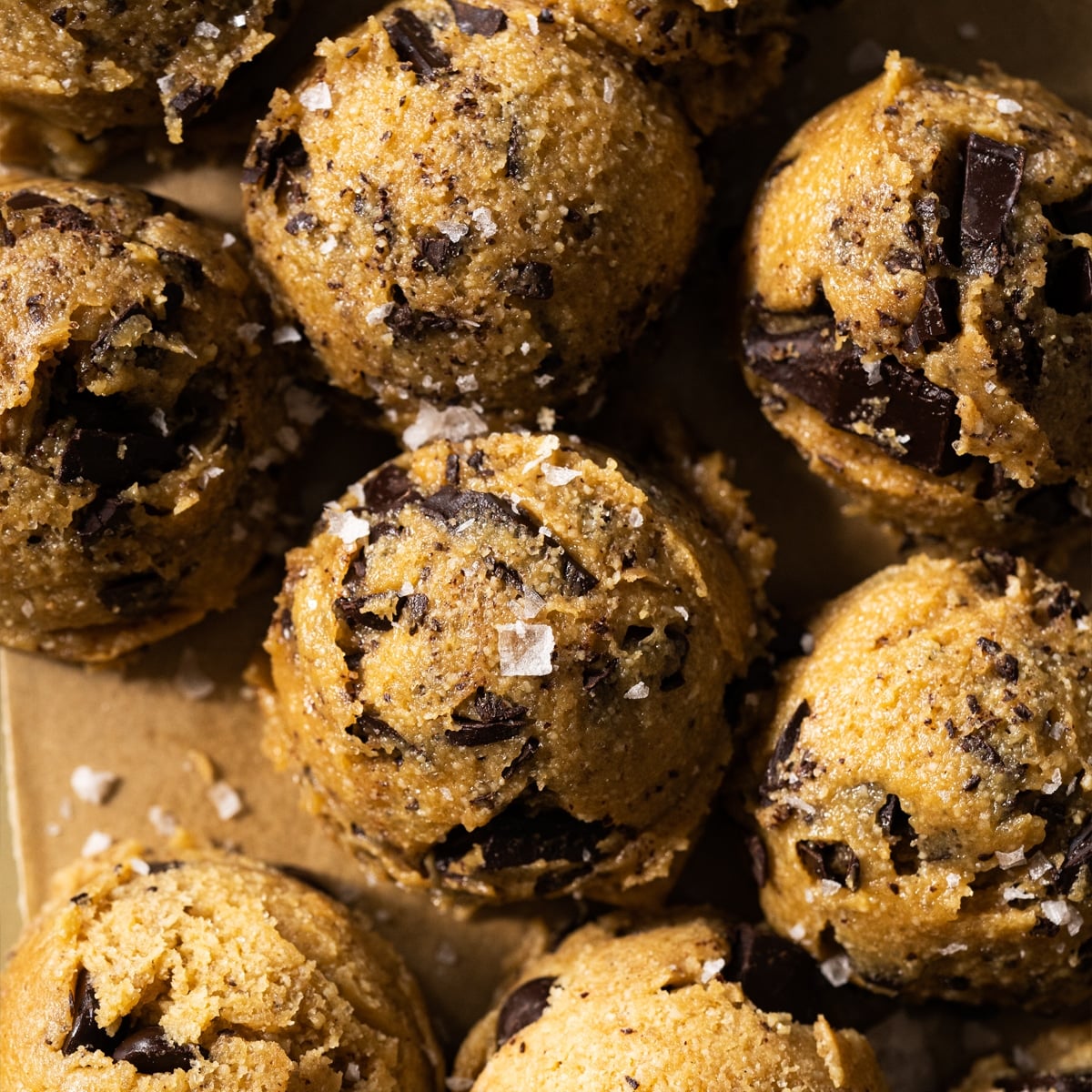 Brown butter keto cookie dough with chocolate chunks and flaky sea salt