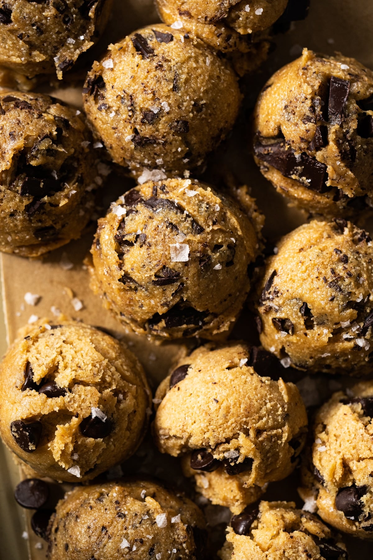Brown butter keto cookie dough with chocolate chunks and flaky sea salt