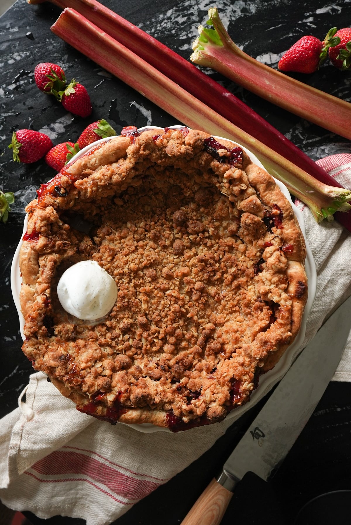 Keto strawberry rhubarb crumble with a flaky gluten free pie crust