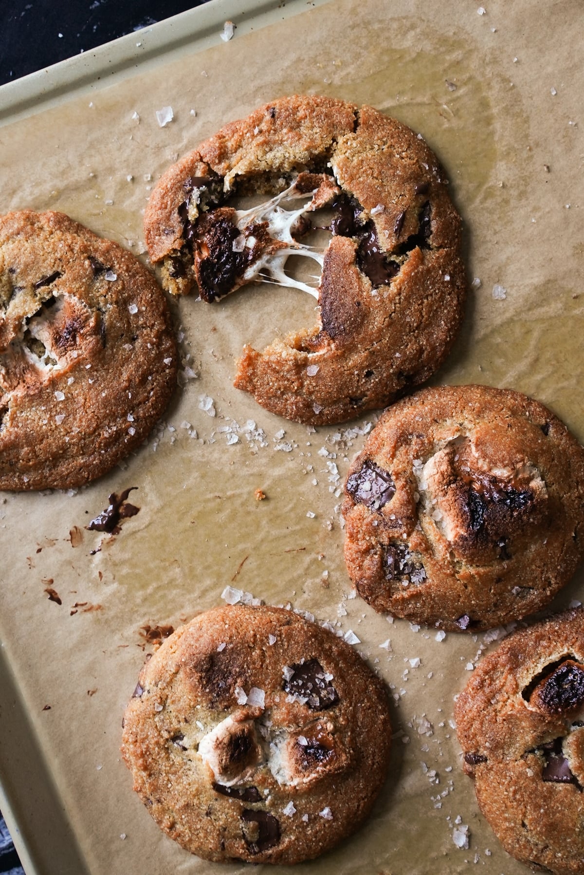 Freshly baked almond flour low carb s'mores cookies on a baking sheet