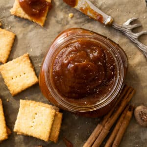 Keto pumpkin butter served with low carb cornbread crackers
