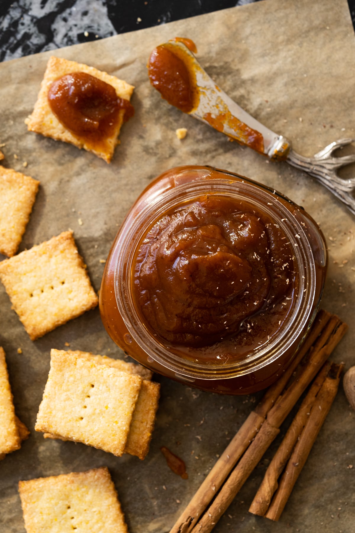 Keto pumpkin butter served with low carb cornbread crackers