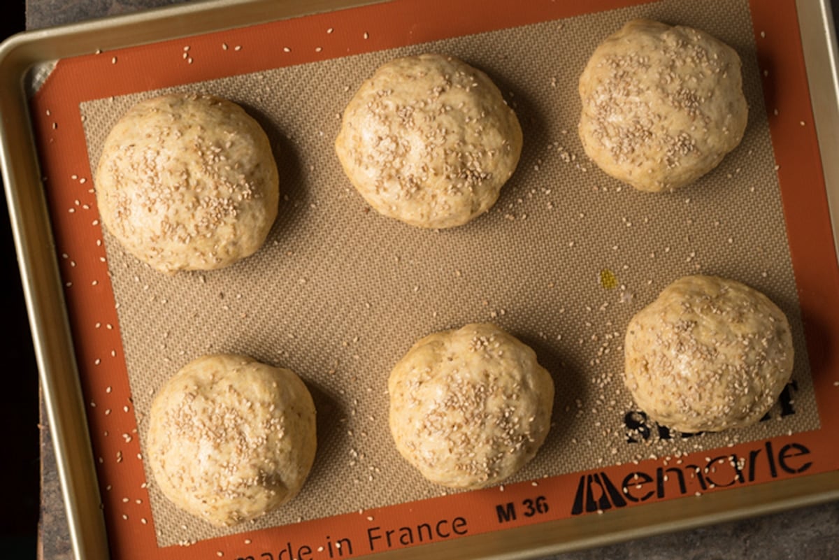 Unbaked keto wholewheat buns after the rise and ready to bake