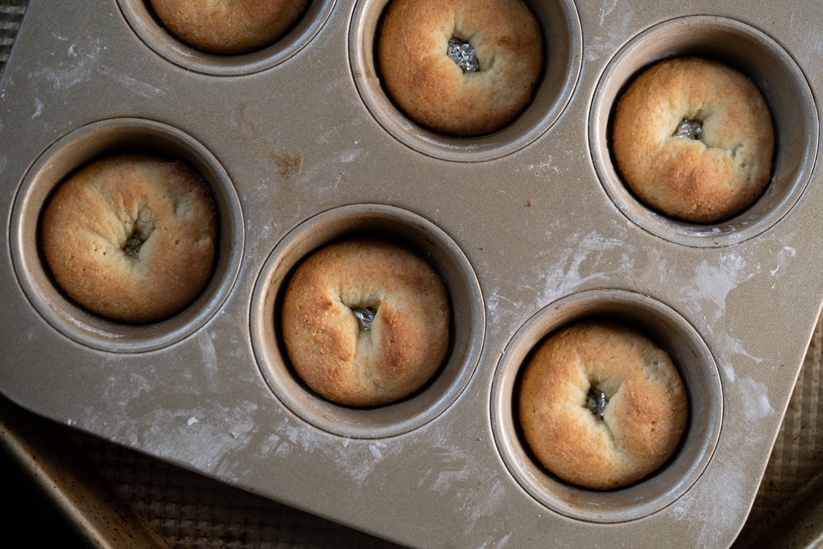 Freshly baked keto cake donuts in our makeshift donut pan