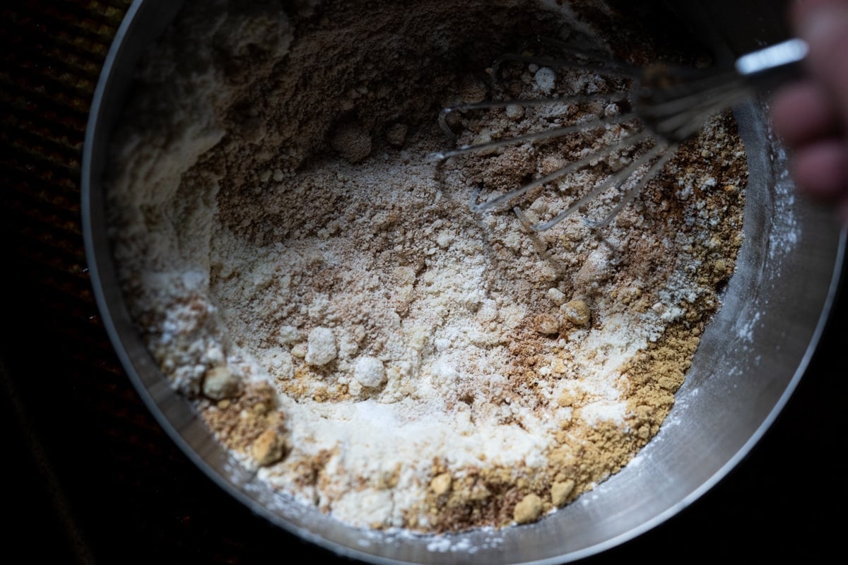 The almond flour and gingerbread spice mix in a metal bowl