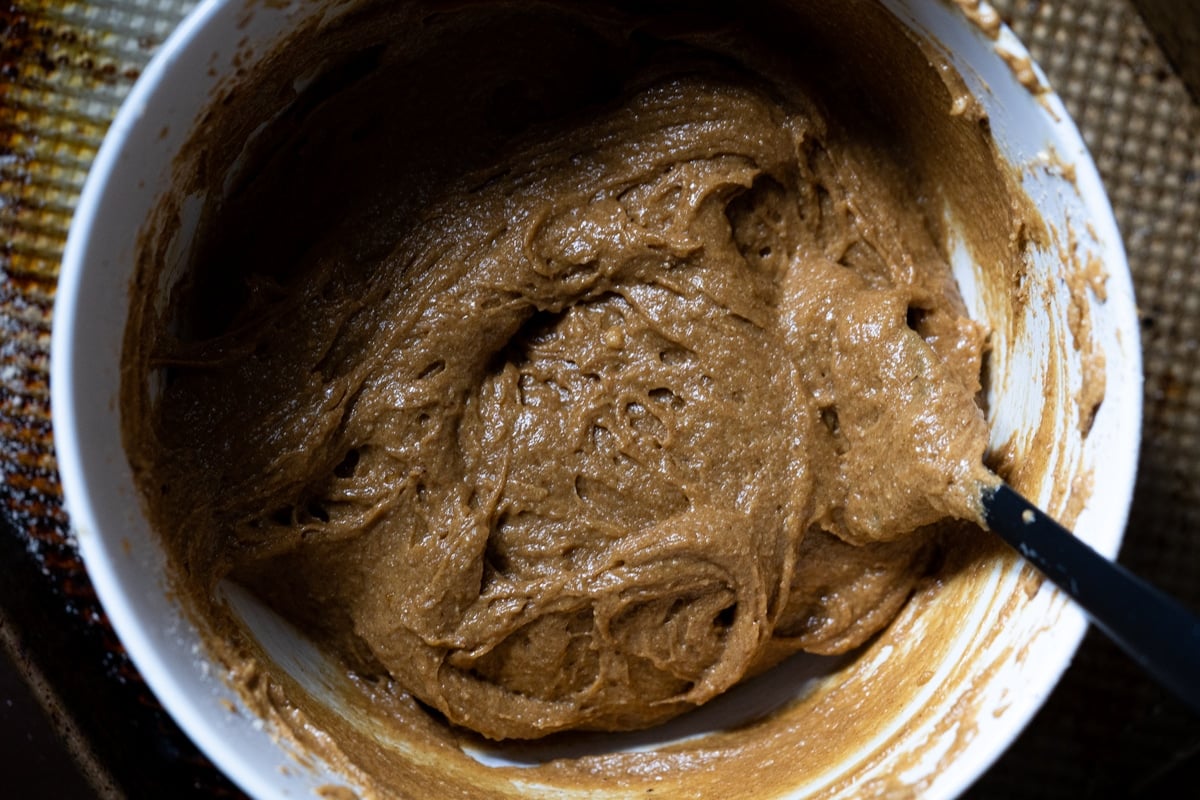 The batter of the low carb gingerbread in a mixing bowl