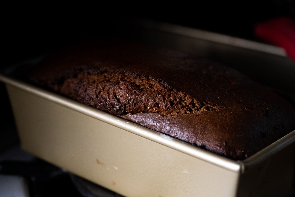 Freshly baked low carb gingerbread loaf showing a good rise 