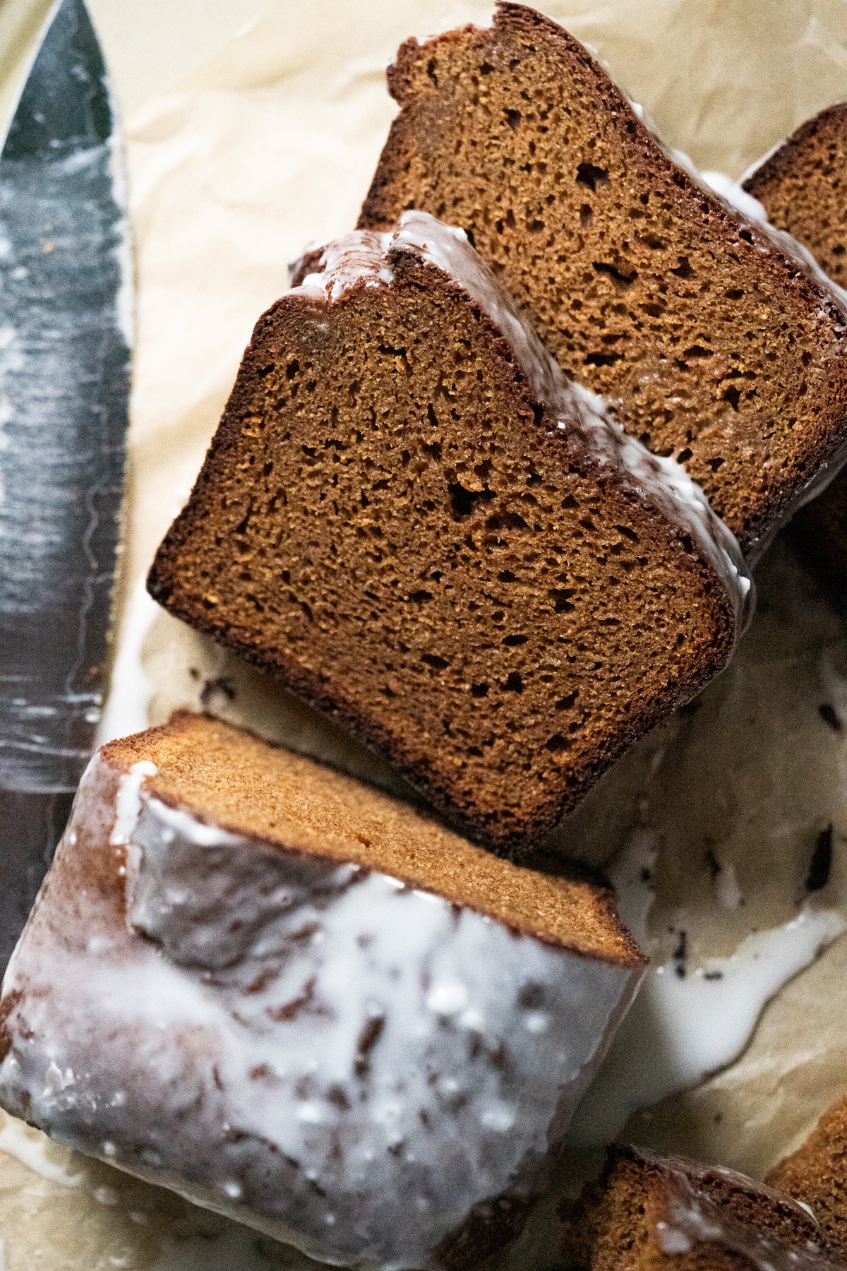 Sliced low carb gingerbread loaf showing the fluffy texture