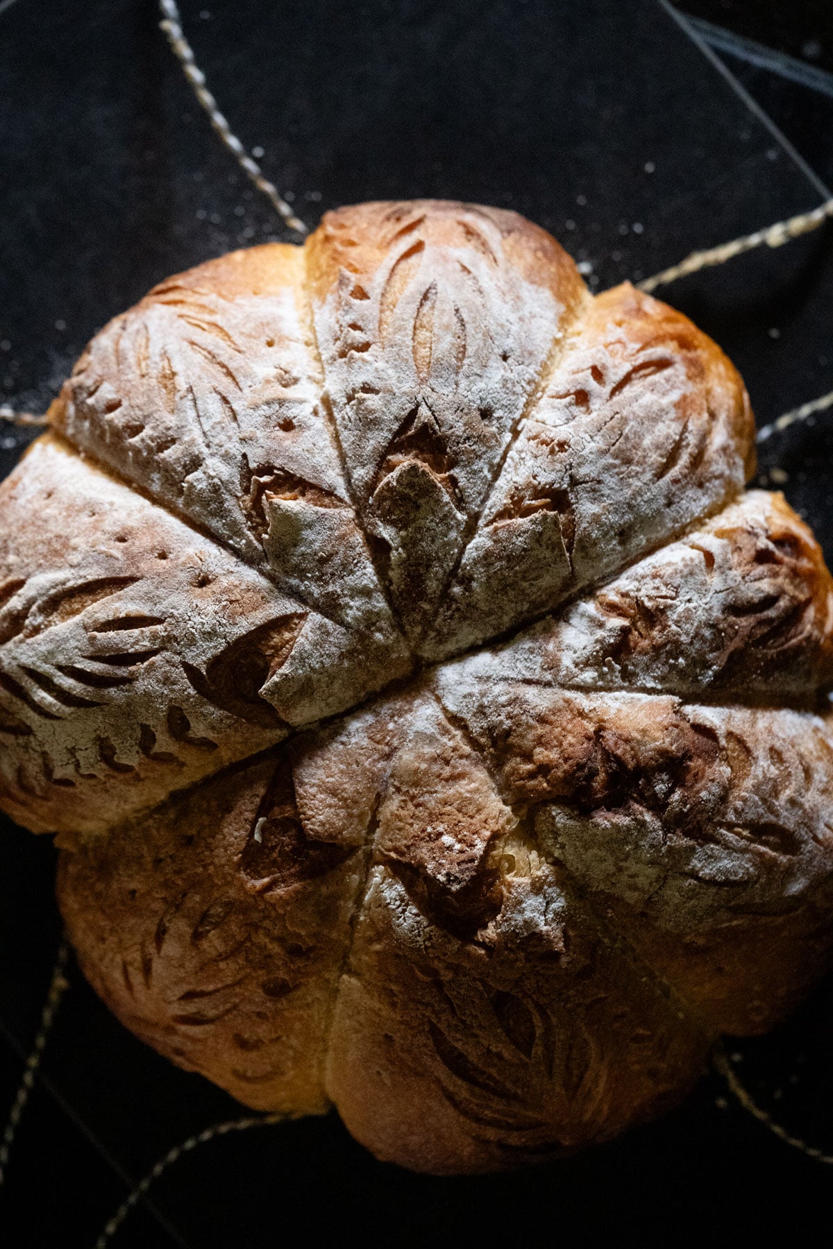 Freshly baked pumpkin sourdough loaf with detailed festive scoring