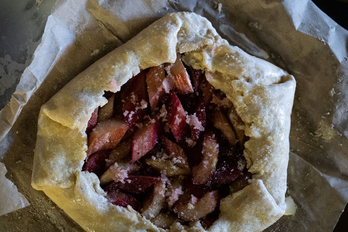 Unbaked sourdough pie crust for a strawberry rhubarb galette