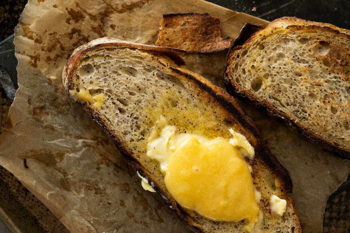 Lemon poppy seed sourdough slice with lemon curd