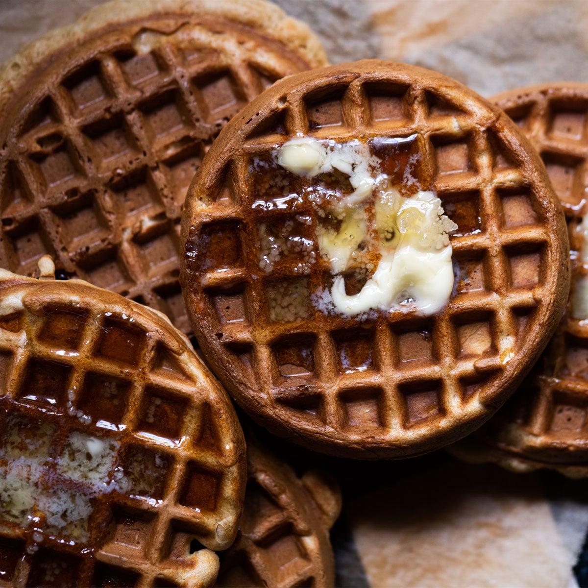 Sourdough discard waffles with butter and maple syrup
